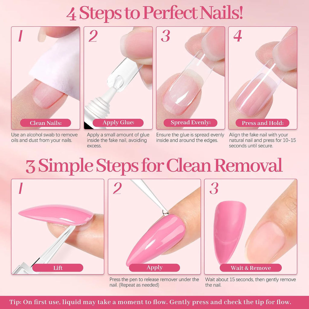 Nail Glue & Remover Pen Set - Semi-Solid Gel, No Lamp Needed, 10g & 6ml