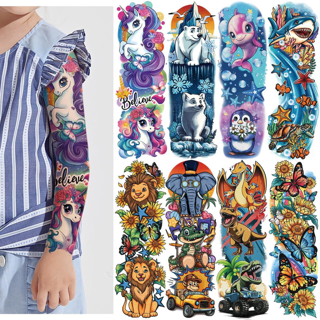 Kids Full Arm Sleeve Temporary Tattoos for Boys – 52-Piece Set