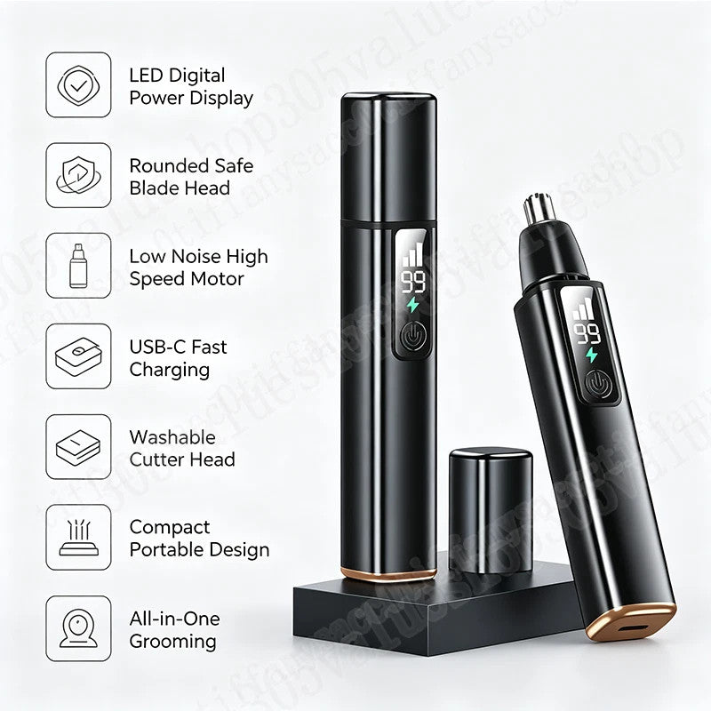 Rechargeable Waterproof Ear & Nose Hair Trimmer with LED Display