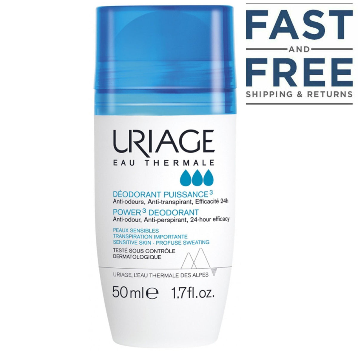 Uriage Power 3 Anti-Odor Deodorant Roll-On 50ml, Hypoallergenic & Alcohol-Free