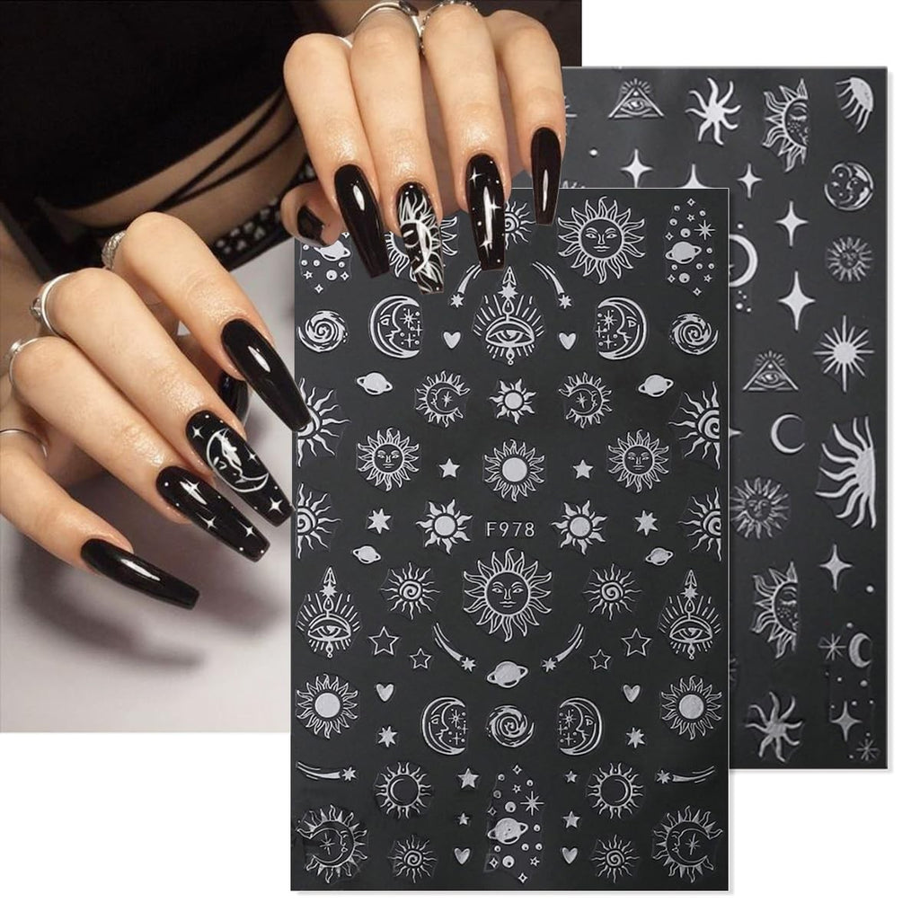 Metallic Nail Art Stickers Decals Silver Moon Sun Star 8 Sheets