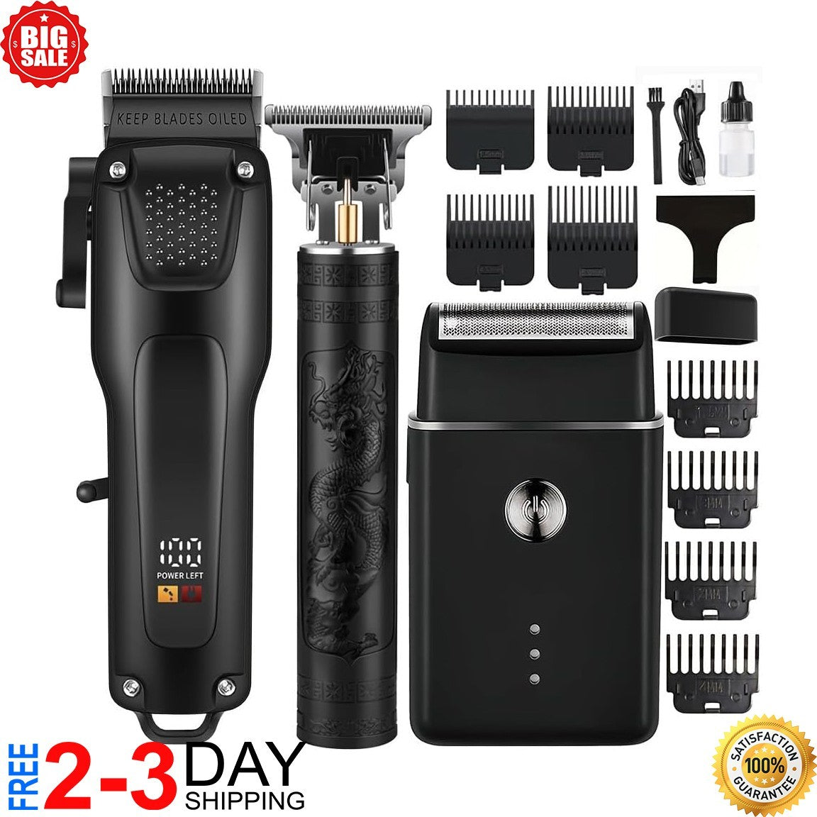 Professional Men's Hair Cutting Kit - 3-in-1 Hair Trimmer, T-Shaped Clipper & Shaver
