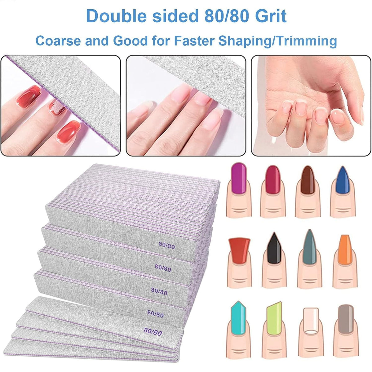 Coarse Nail Files 80/80 Grit - 100 Pack for Acrylic & Gel Nails