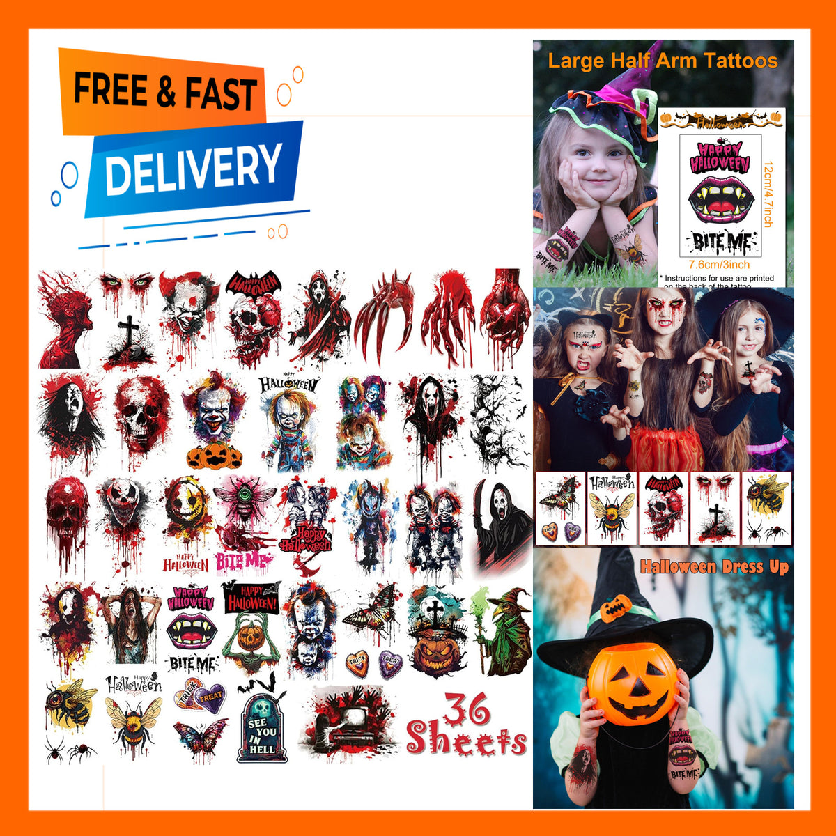 Halloween Temporary Tattoos 36 Sheets Large Realistic Designs for Kids & Adults