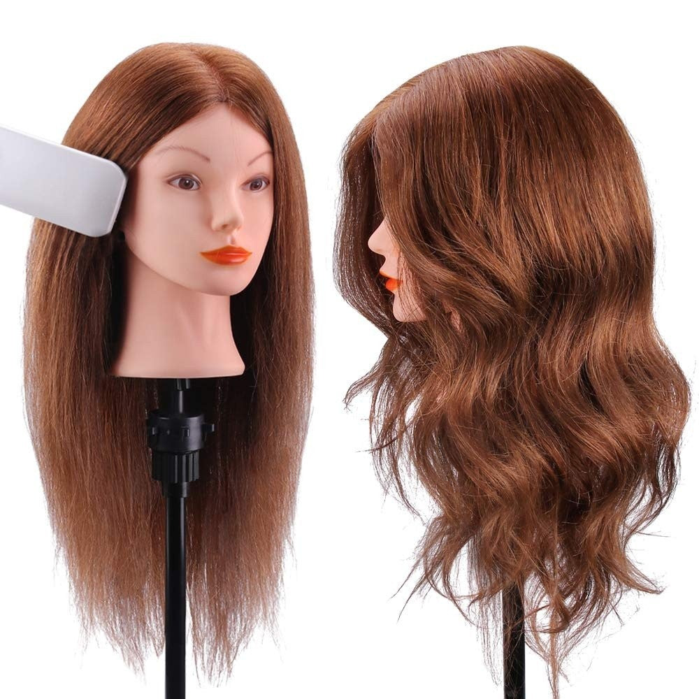 18-Inch Real Human Hair Mannequin Head for Hair Styling and Training - Dark Brown