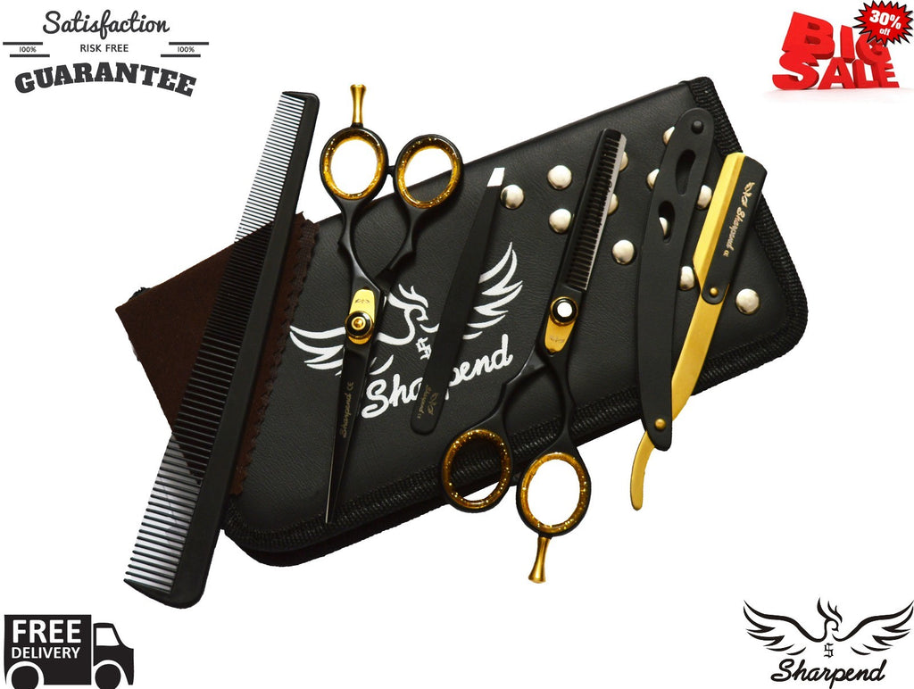 Professional Hairdressing Scissors and Barber Shears Set with Razor and Tweezers
