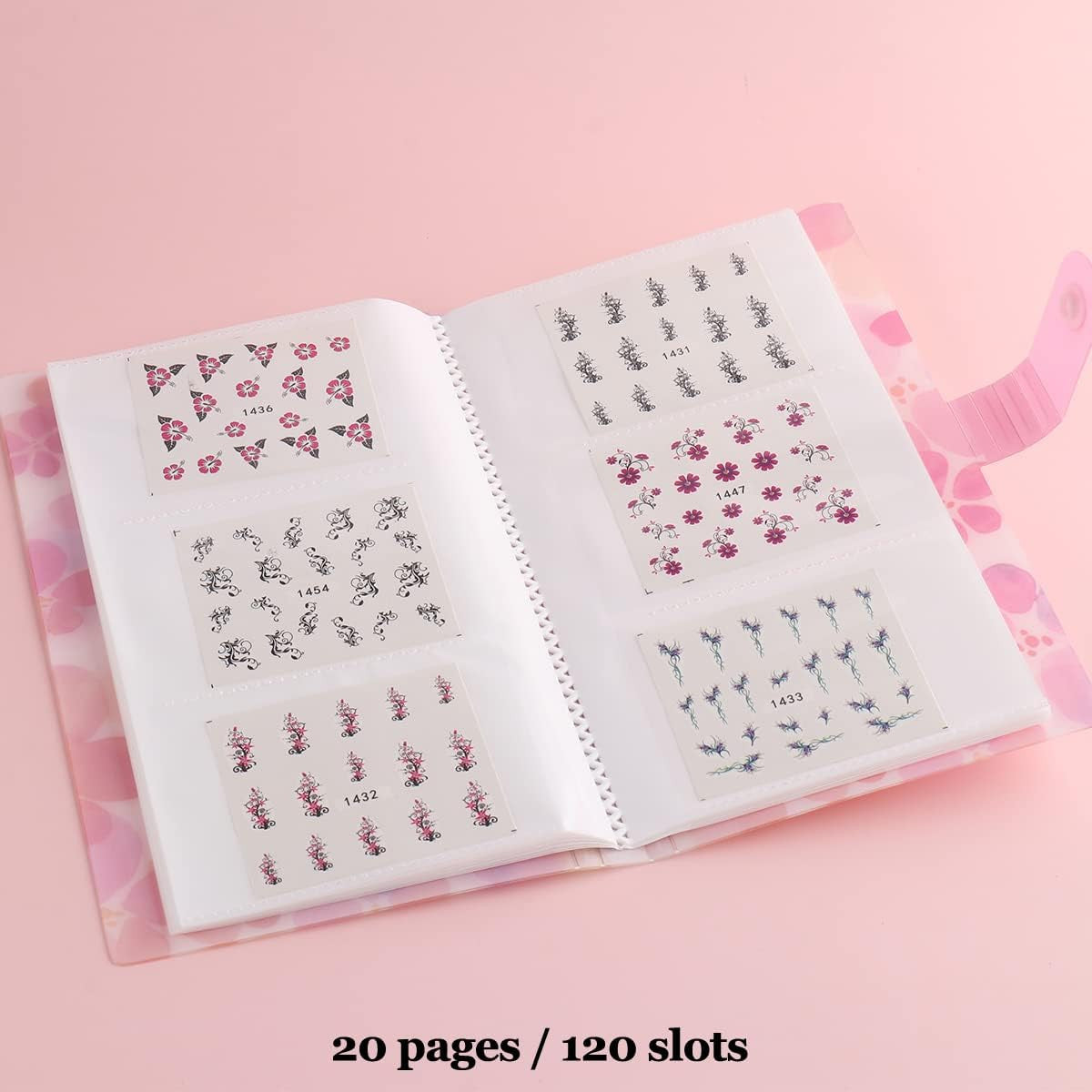 120 Slots Nail Sticker Storage Book Organizer for Water Decals - Pink Floral Cover