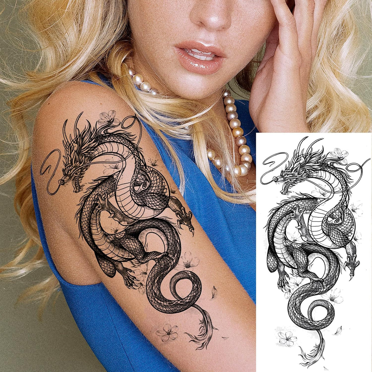 Dragon Temporary Tattoos Set – 8 Sheets Realistic Black Dragon Designs