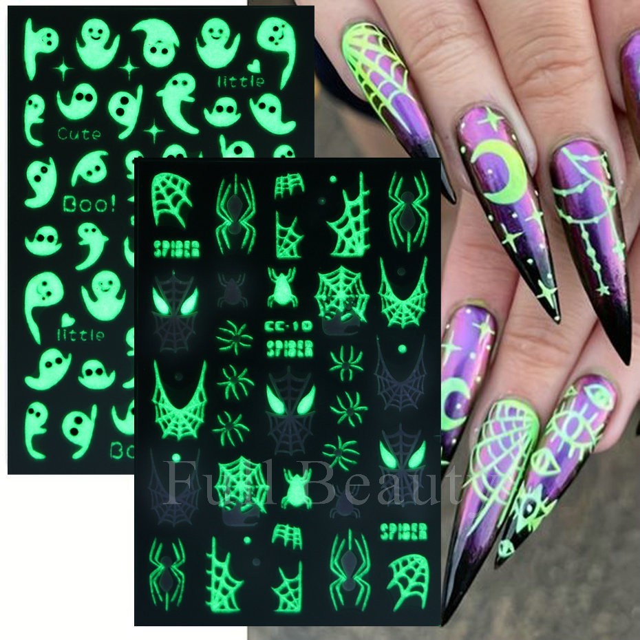 Glow in The Dark Halloween Nail Decals Ghost Spider Web Skull - 4 Sheets