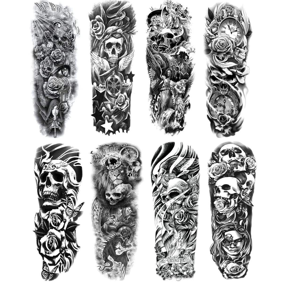 Black Skull Temporary Tattoo Sleeve Set – 8 Sheets Waterproof for Adults