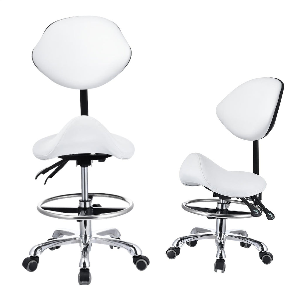 Adjustable PU Leather Bar Stool with Wheels & Backrest - White