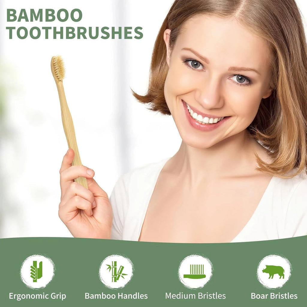 Natural Bamboo Toothbrush Set with Boar Bristles - Eco-Friendly 12 Pack