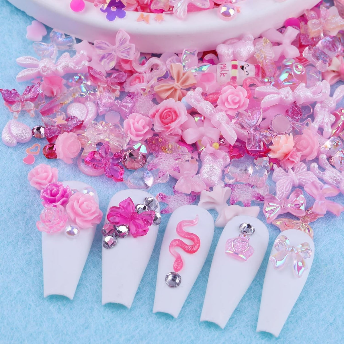 300pcs Nail Art Charms Kit with Resin Gems & Pink Decorations for Manicure