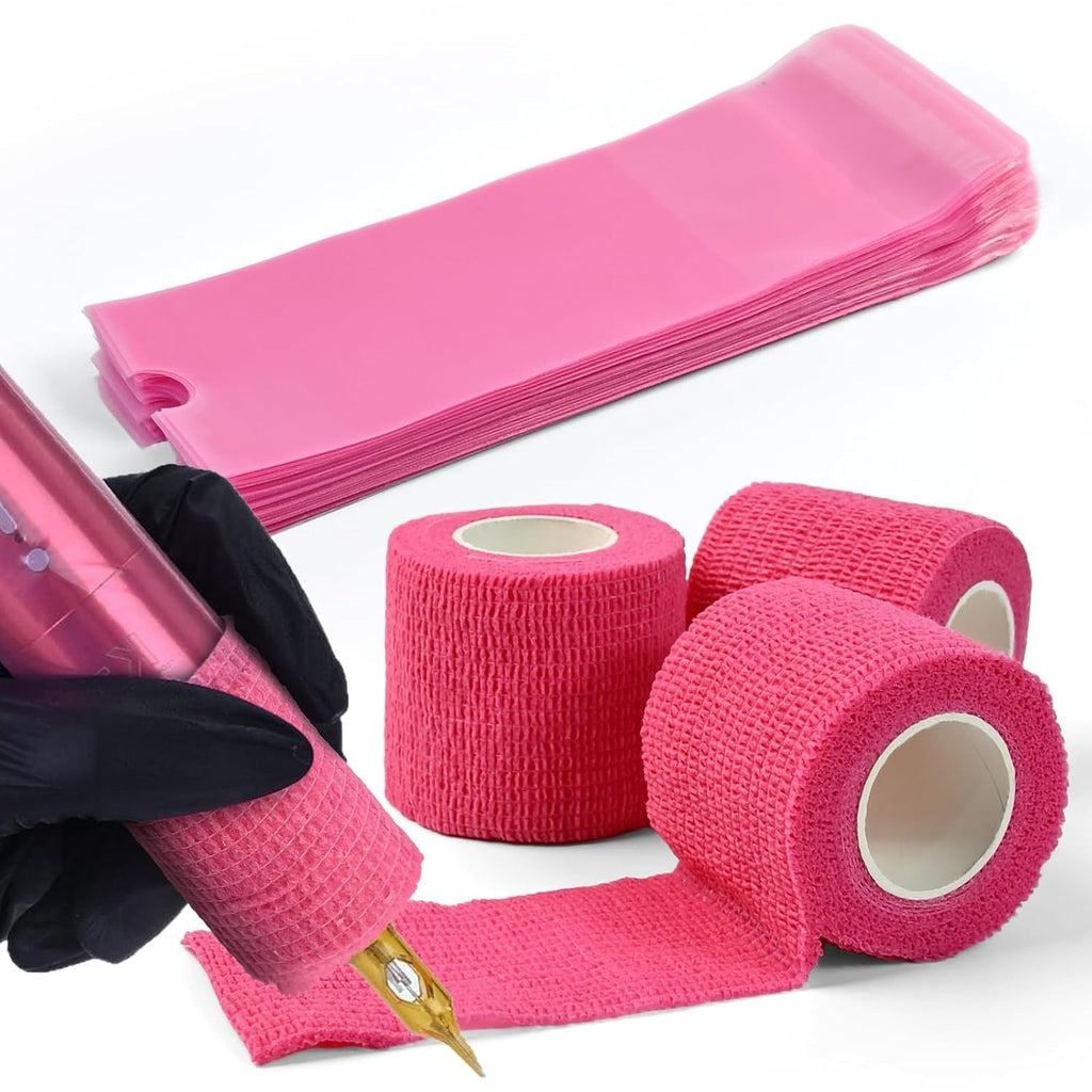 Pink Tattoo Pen Covers & Grip Tapes Set – 200 Pcs, Waterproof 2" Covers & 2"x5yd Grips