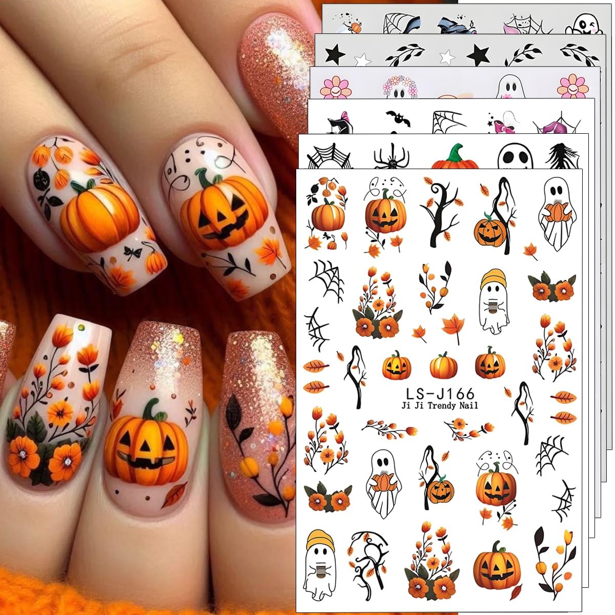 Halloween Nail Art Stickers Decals 3D Pumpkin Ghost 6 Sheets for Spooky Nail Designs