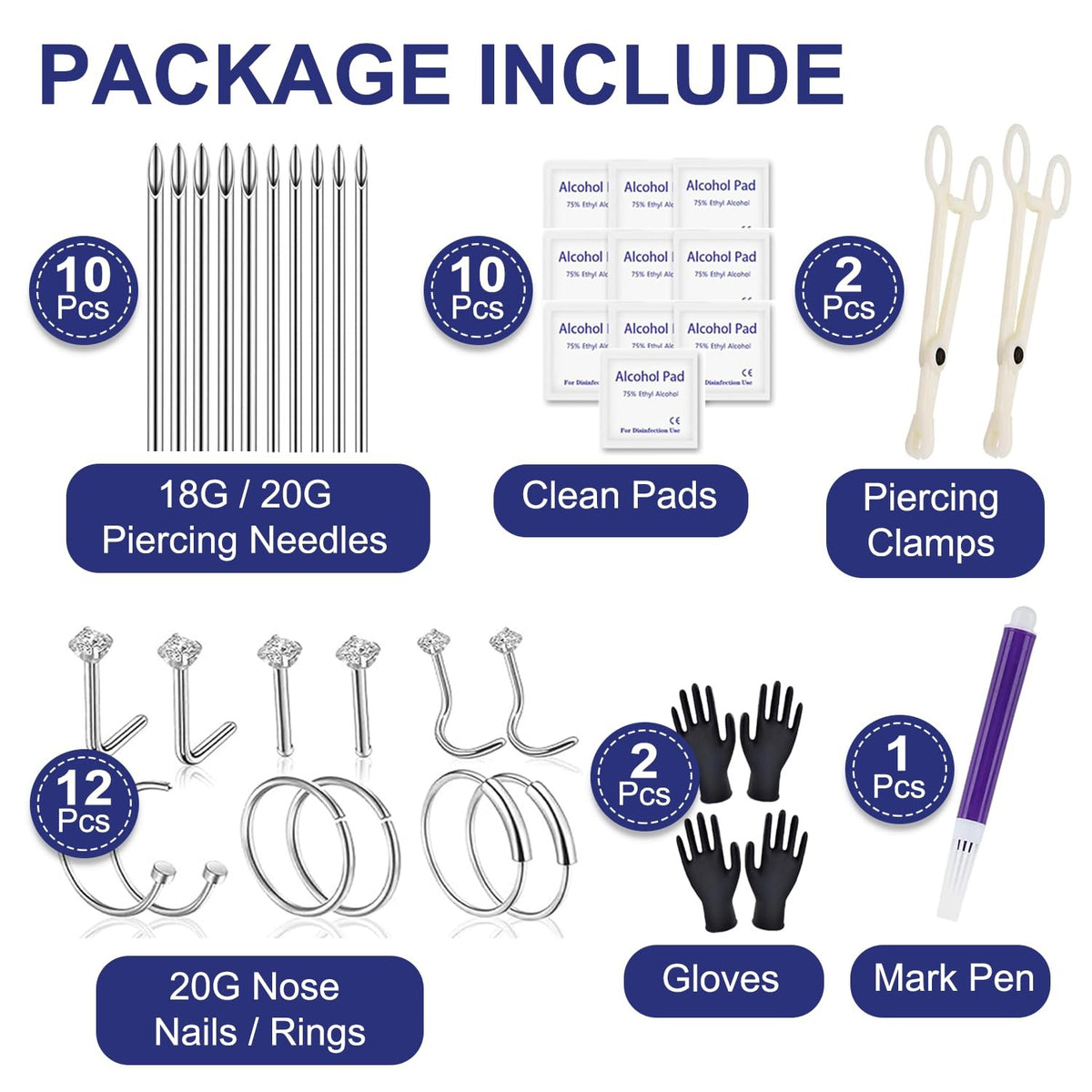 Nose Piercing Kit 20G/18G Set with Rings, Nails & Needles - Stainless Steel