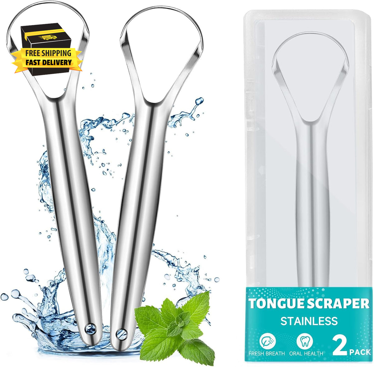 Stainless Steel Tongue Scraper Set with Travel Case - Reusable Oral Hygiene Tool