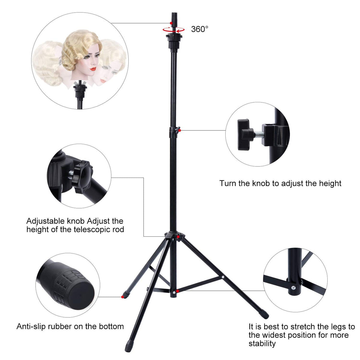 Adjustable Wig Holder Stand Tripod Mannequin Head for Hairdressing Salon