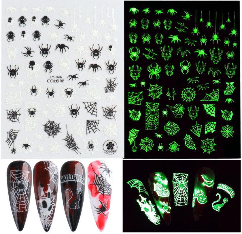Glow-in-The-Dark Halloween Nail Stickers - Skull Ghost Pumpkin Spider Web Bat 6 Pack