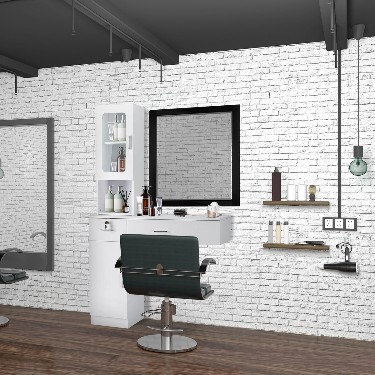 Salon Station Barber & Beauty Spa Storage Cabinet with Glass Door and Drawers