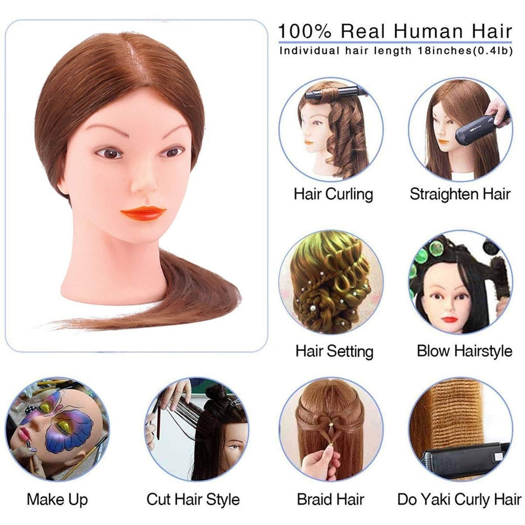 18-Inch Real Human Hair Mannequin Head for Hair Styling and Training - Dark Brown