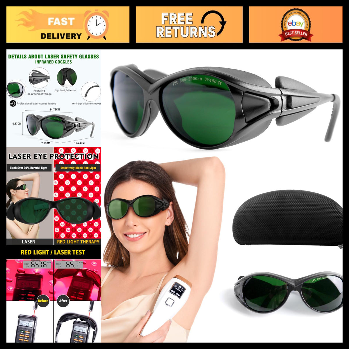 IPL Laser Safety Glasses for Hair Removal UV & Infrared Protection 200-2000nm