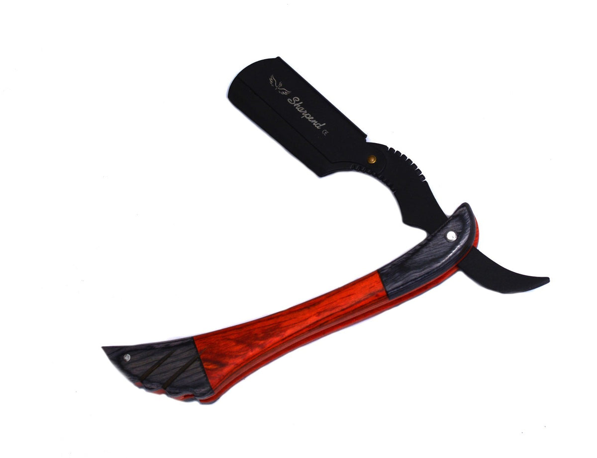 Wood Handle Straight Edge Barber Razor with 10 Blades - Folding Shaving Knife