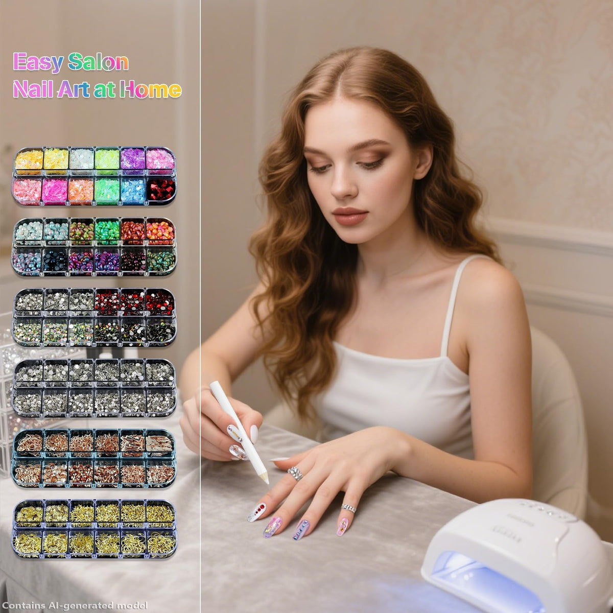 Nail Art Glitter Studs Kit with Gold Stickers and 3D Charms - Multicolor