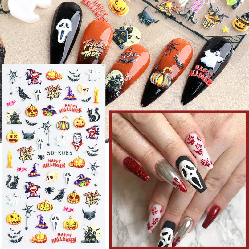 Halloween Nail Art Stickers Skull Pumpkin Ghost Spider Web 5D Decals