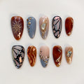 Custom Handmade Nail Set with Caramel Butterfly and Gold Gems - Vintage Western Style