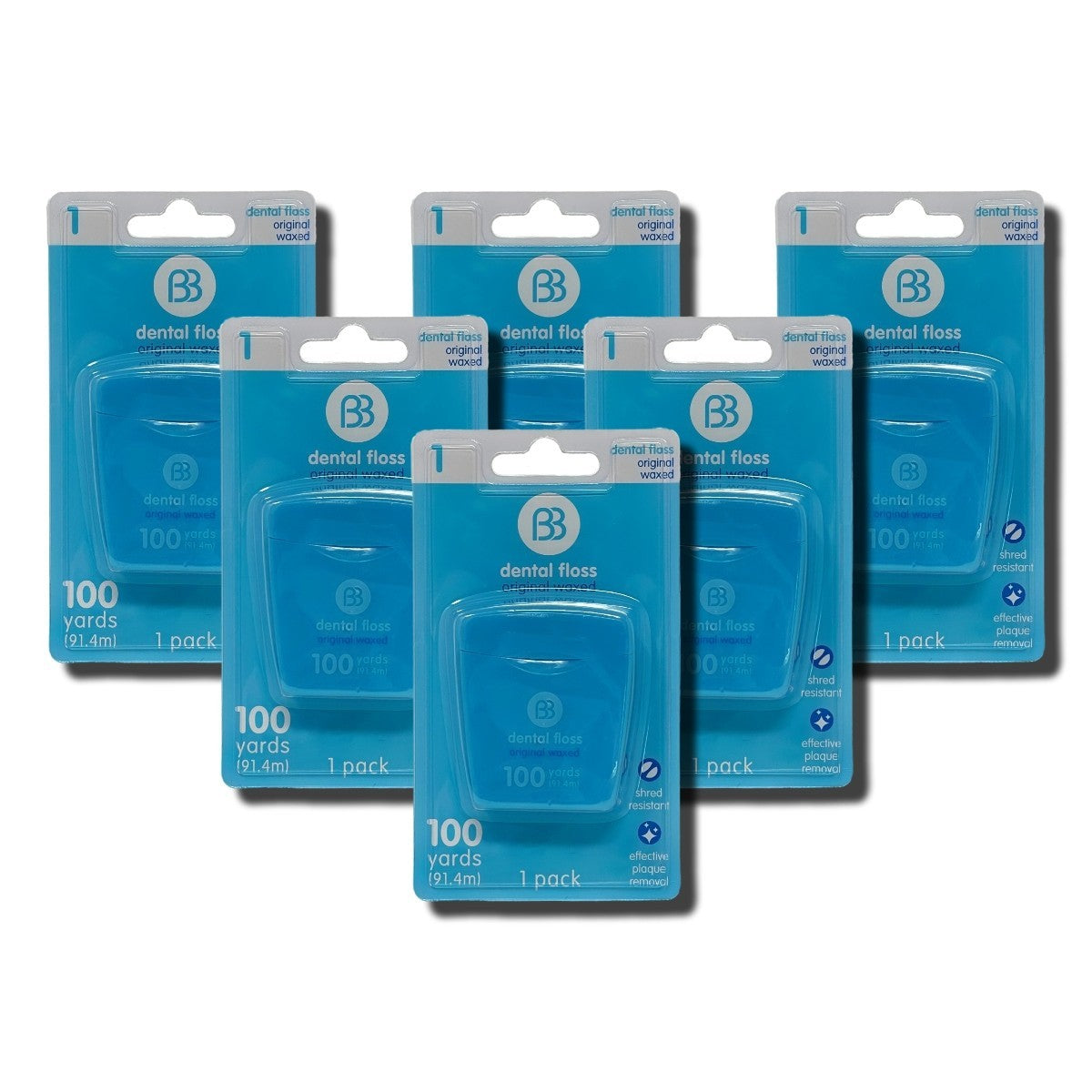 Waxed Dental Floss 6 Pack - 100 Yards Each, Shred Resistant, for Plaque Removal