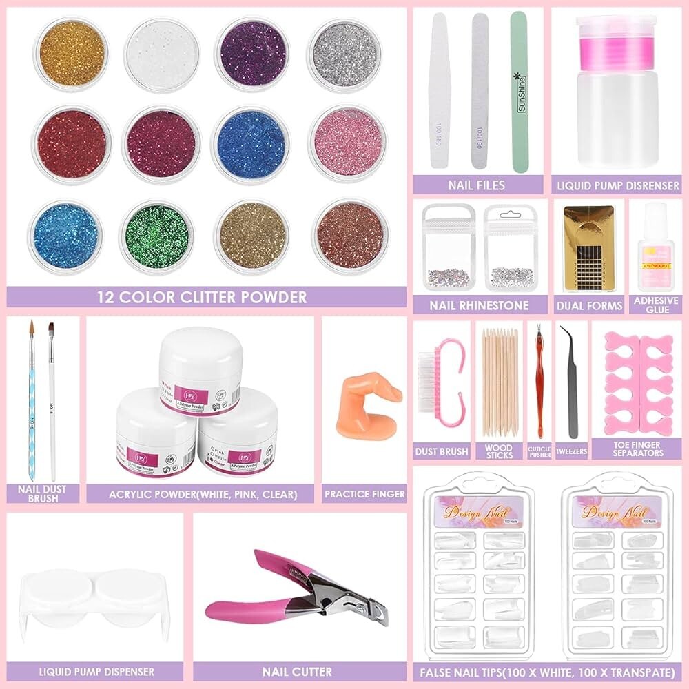 Acrylic Nail Kit with Glitter & Tools for Manicure Art - Tips, Powder, Brush Set