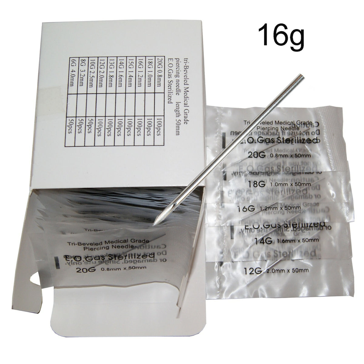 Tri-Beveled 2" Sterile Piercing Needles 100pcs 16g Medical Grade