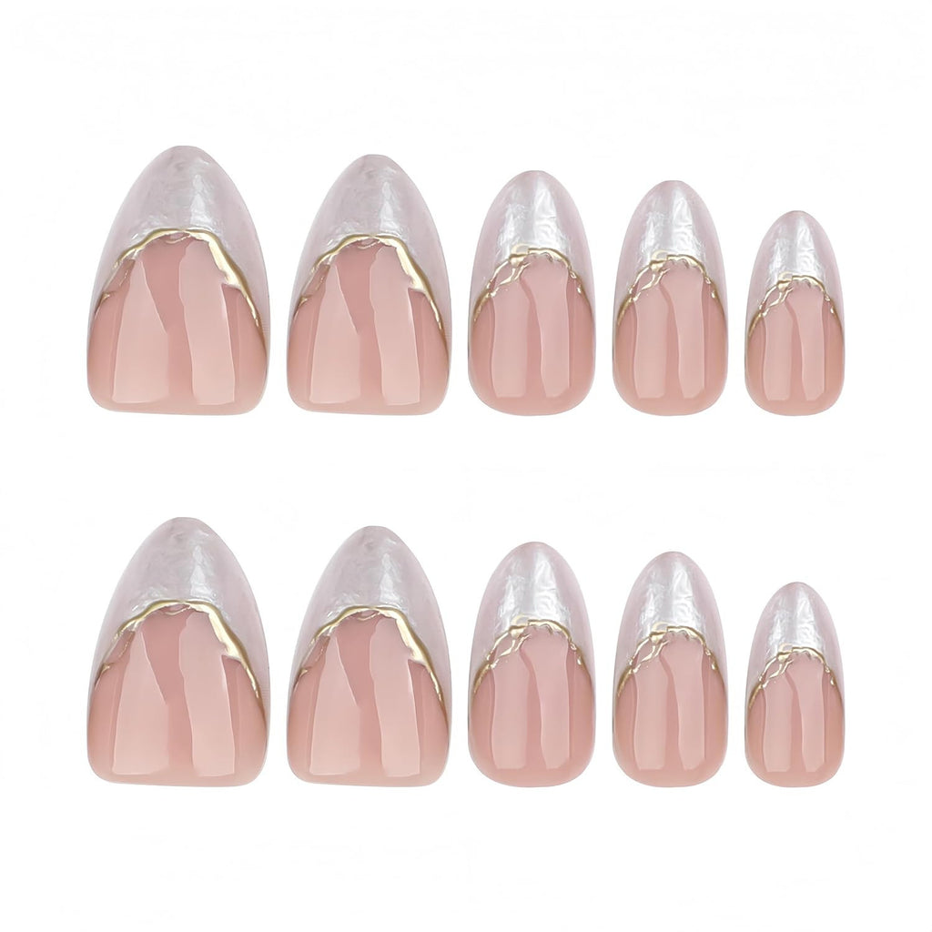 Press-On Nails Almond Nude with Cloudy White French Tip & Gold 3D Design