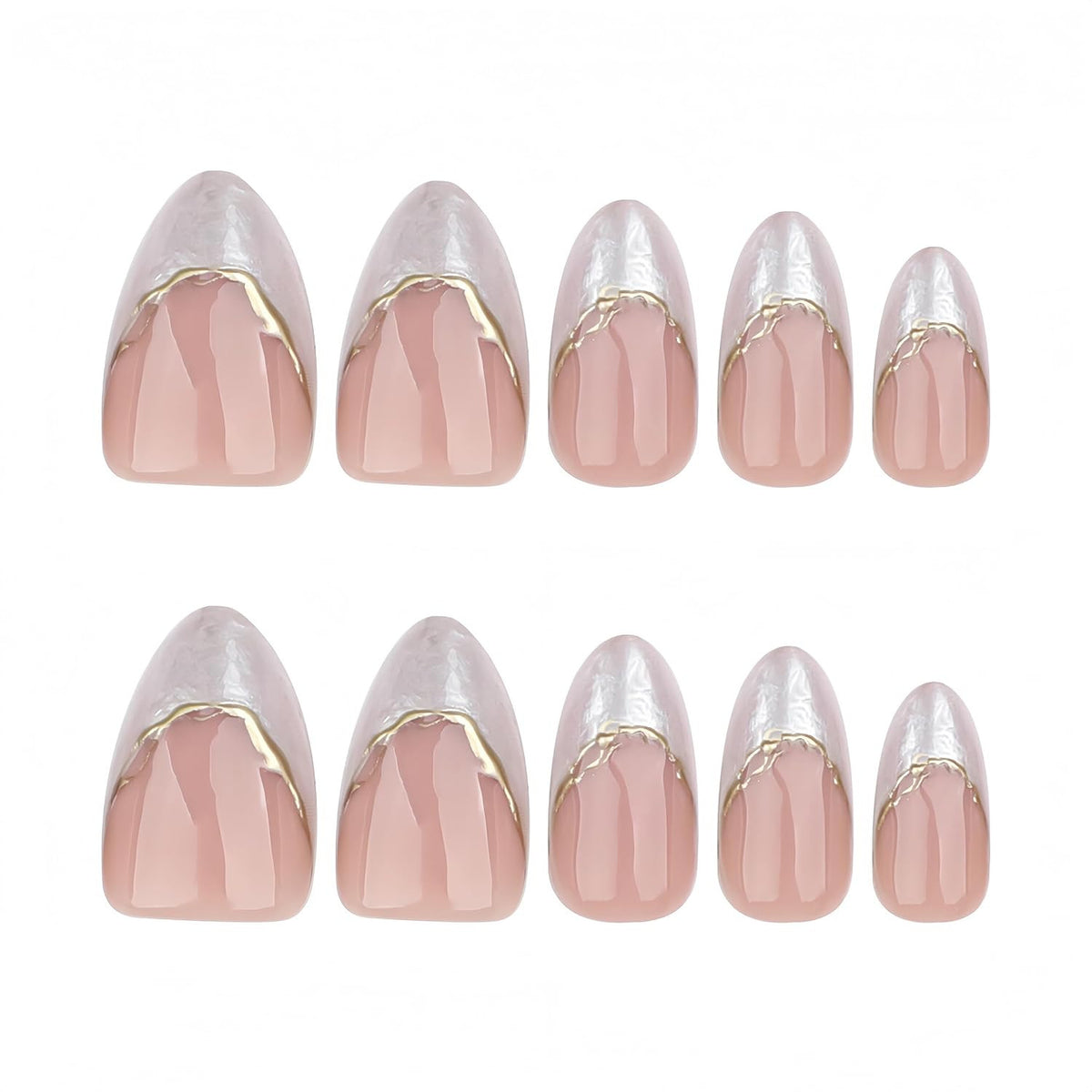 Press-On Nails Almond Nude with Cloudy White French Tip & Gold 3D Design