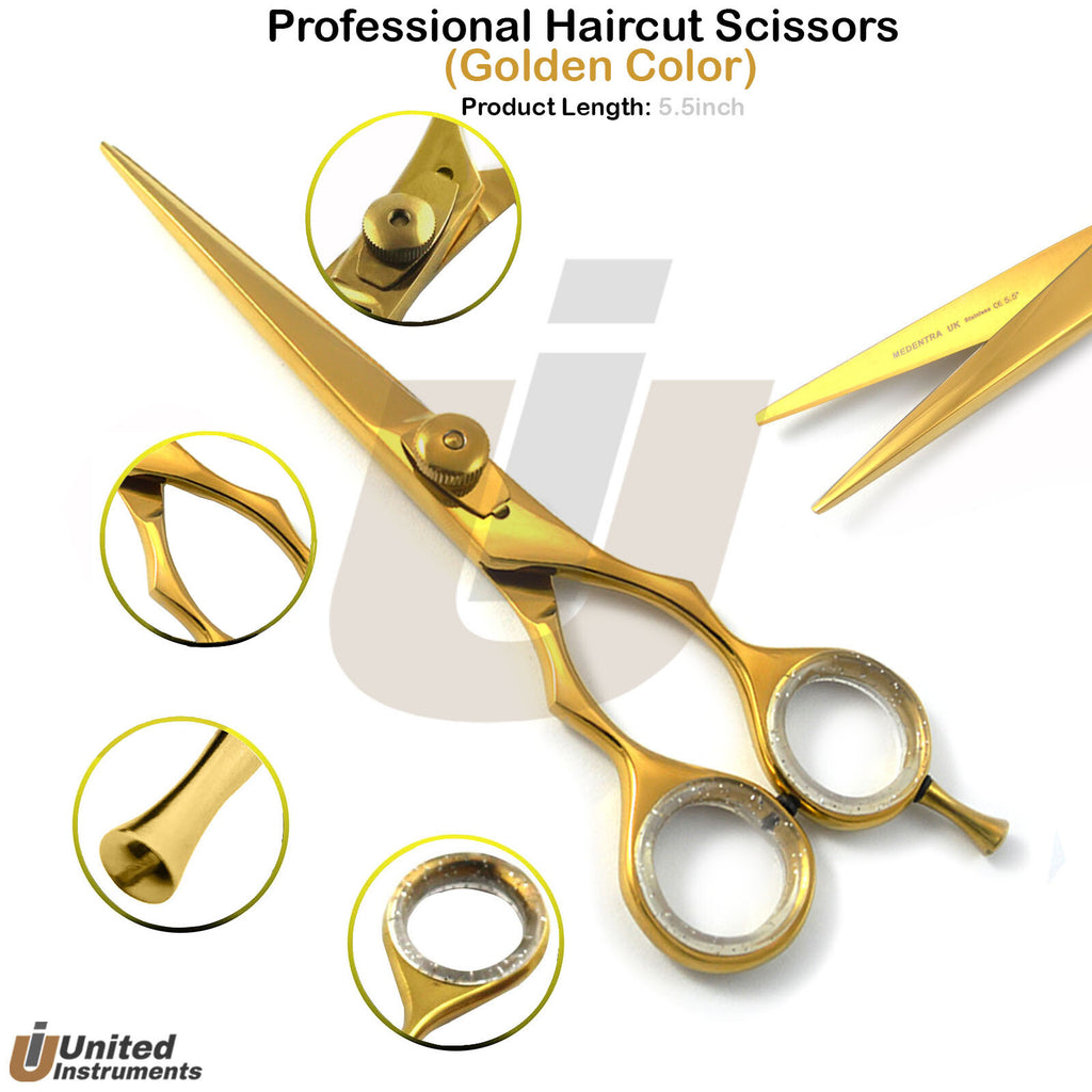 Professional 5.5 Inch Gold Hair Cutting Scissors for Barbers and Stylists