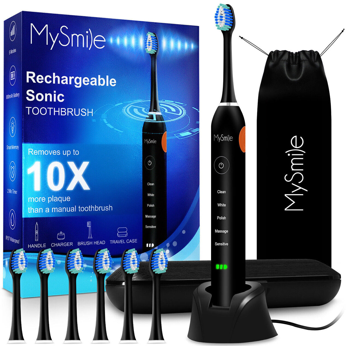 Electric Toothbrush with 6 Replacement Heads & 5 Cleaning Modes - Rechargeable, Waterproof