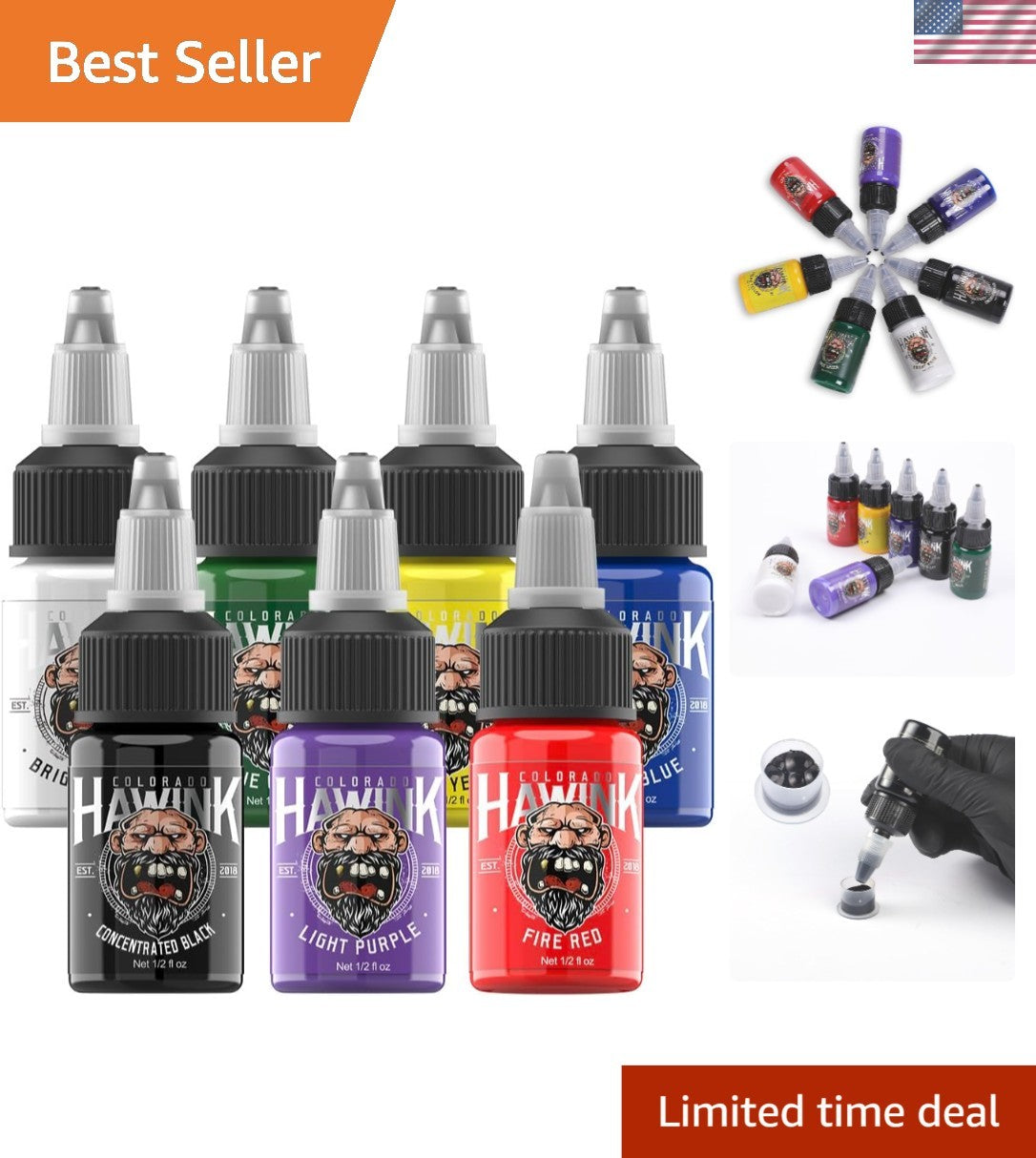Multicolor Tattoo Ink Set - 7 Bottles 1/2 oz Each for Lasting Color