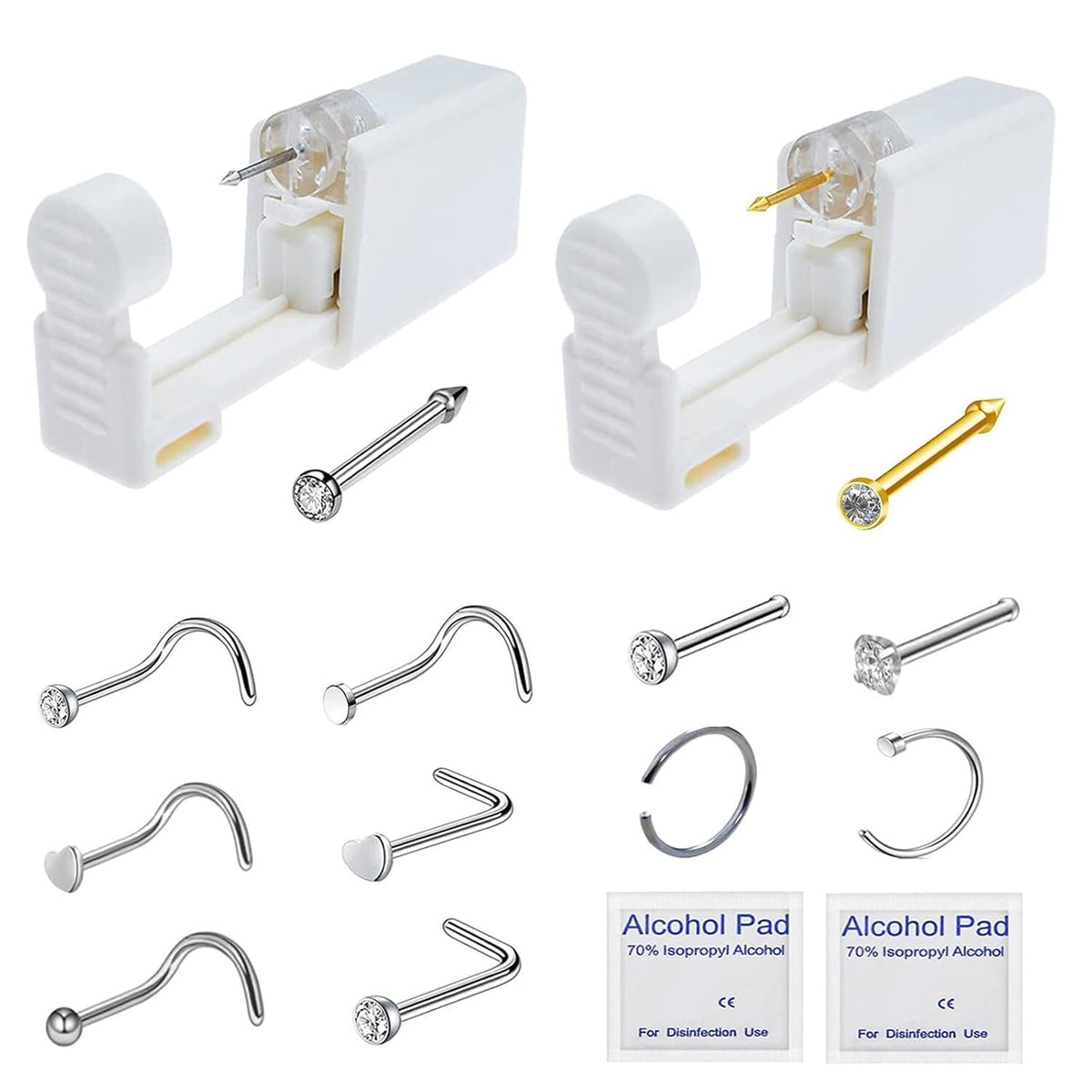 Disposable Nose Piercing Kit with 2 Guns, 2 Studs & 10 Rings – Model 1/2