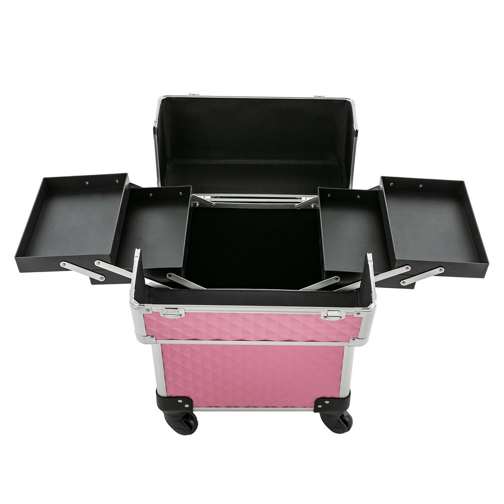 Portable Pink Makeup Train Case with Wheels - Cosmetic Storage Organizer