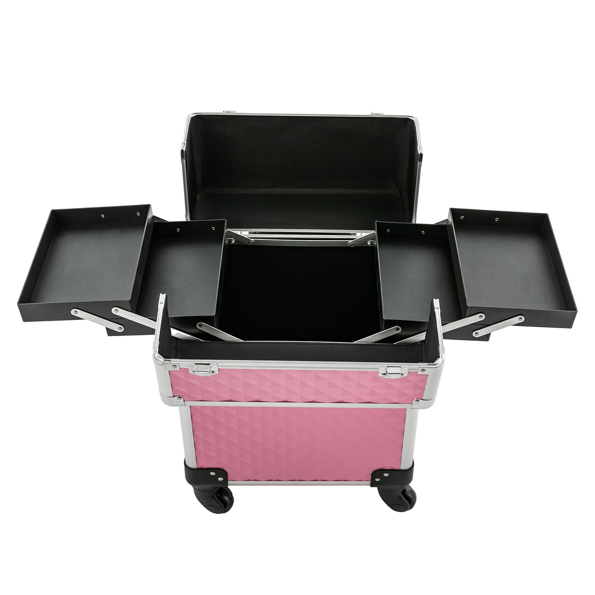 Portable Pink Makeup Train Case with Wheels - Cosmetic Storage Organizer