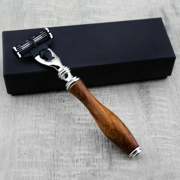 Wood Handle Safety Razor for Men - Compatible with Gillette Mach 3