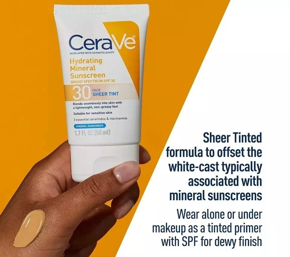 CeraVe SPF 30 Tinted Mineral Sunscreen Face SPF 30 50ml - Sheer Tint, Moisturizer & Primer