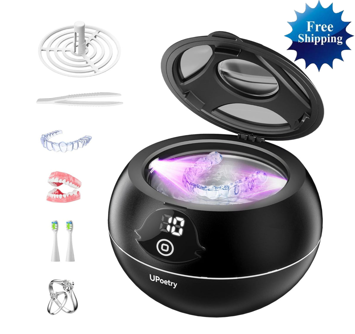 Ultrasonic Retainer & Jewelry Cleaner 45kHz Digital Timer 200ML Portable