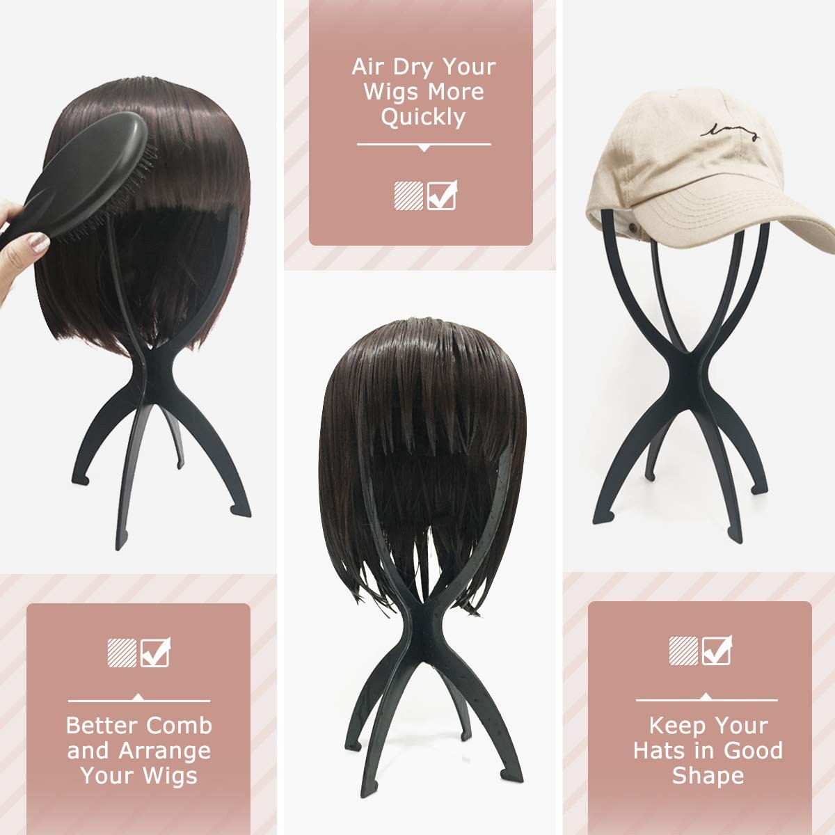 Wig Stand Holder for Multiple Short Wigs, Travel Collapsible Mannequin Head - Black
