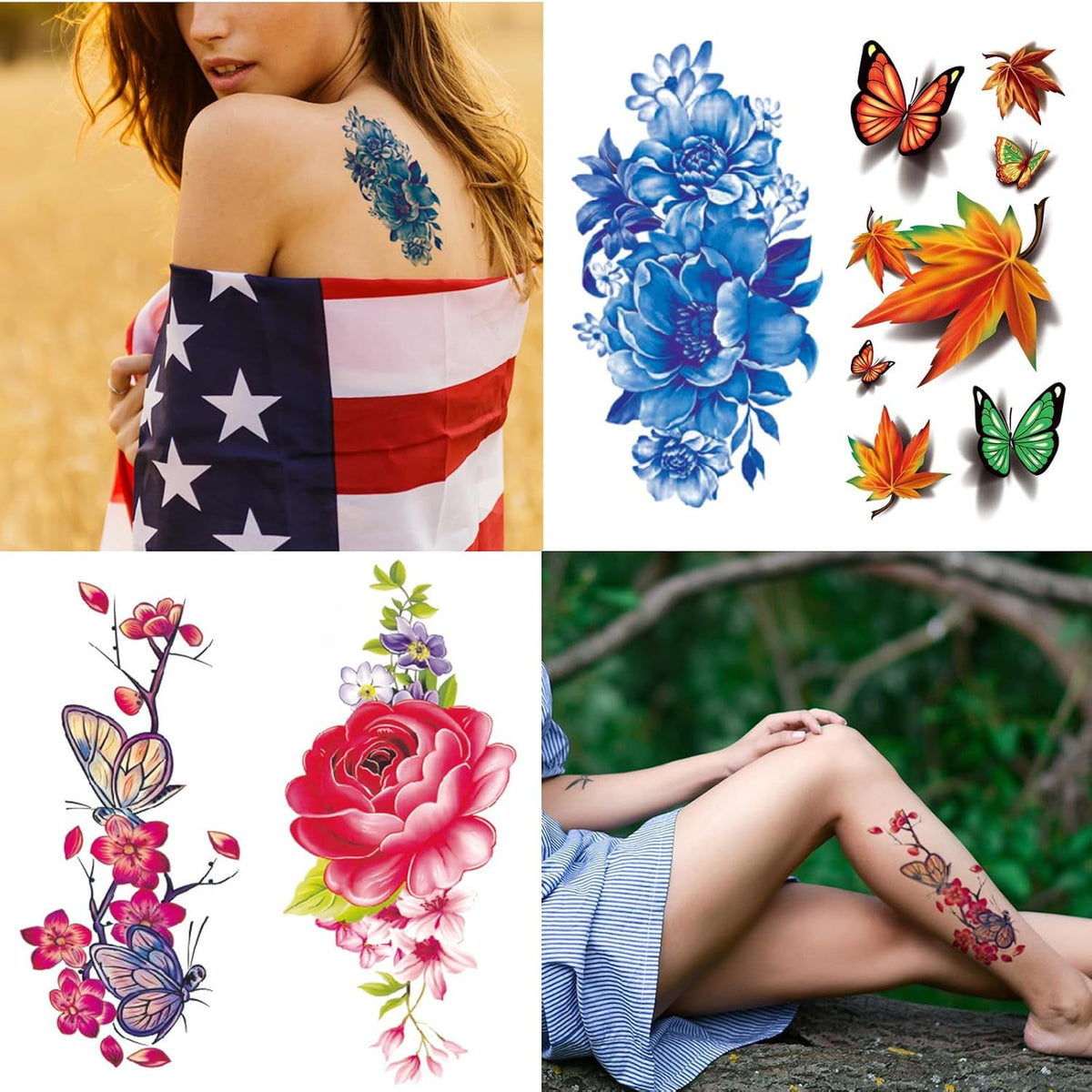 82 Sheets Floral Temporary Tattoos - Roses, Butterflies, Multicolor