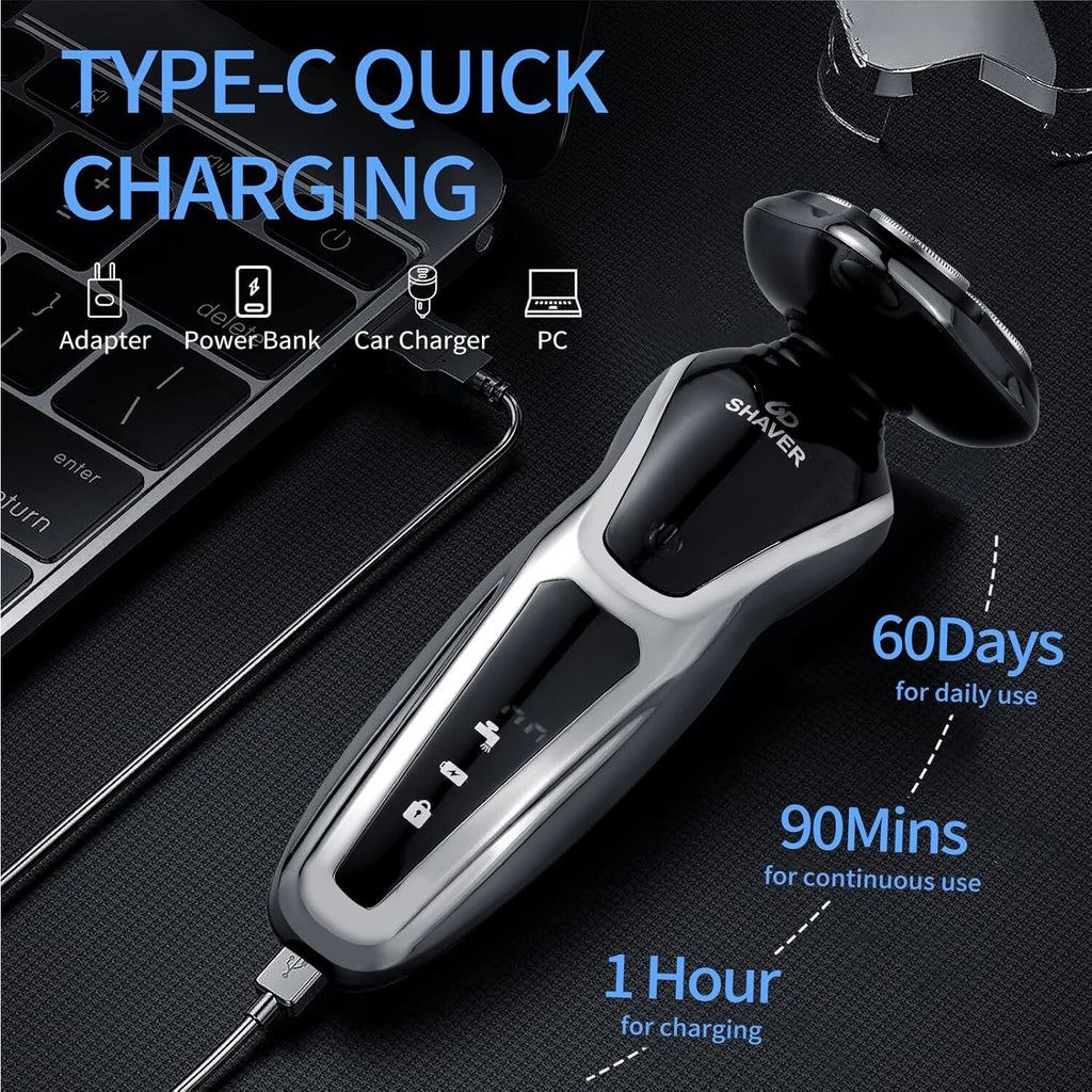 Rechargeable Waterproof Rotary Electric Shaver for Men Wet & Dry Grooming