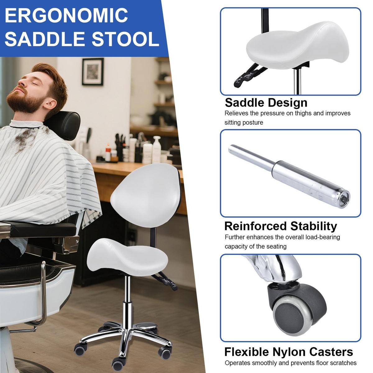 Heavy-Duty Ergonomic Saddle Stool with Back Support and Height Adjustment