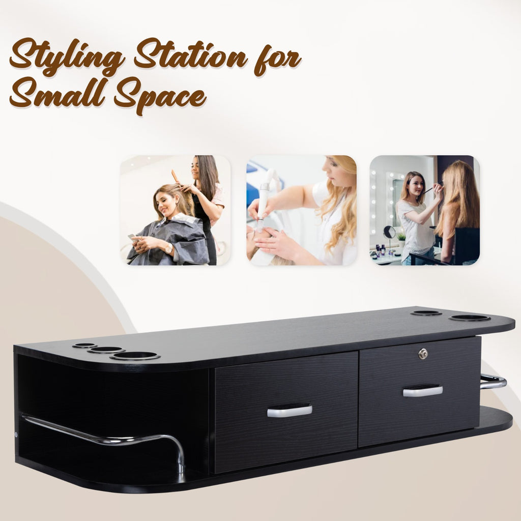 Wall Mounted Salon Station with 2 Drawers and 5 Tool Holders - Black