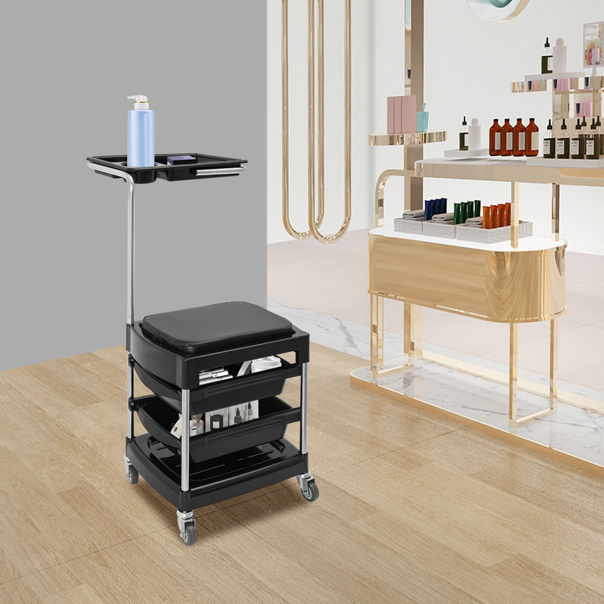 Salon Hair Tool Cart with Seat and 3 Tiers, Rolling Storage Trolley, Black